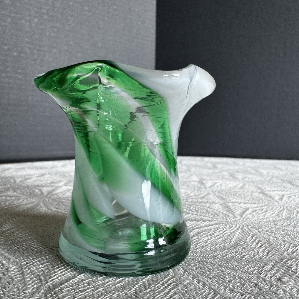 Gorgeous Green and White Swirl Art Glass Bud Vase ~ 3" tall